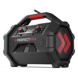 PerfectPro ROCKTAGON Radio de obra digital 30W DAB+ FM Bluetooth 5.2 IP65, 4 altavoces, compatible baterías 18V Bosch Makita DeWalt Milwaukee, USB, Negro/Rojo