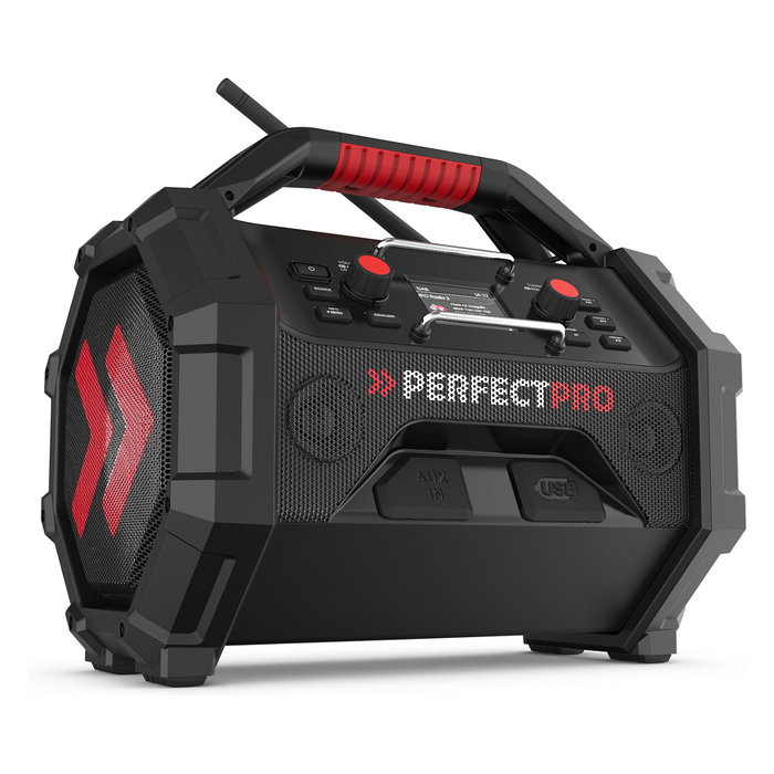 PerfectPro ROCKTAGON Radio de obra digital 30W DAB+ FM Bluetooth 5.2 IP65, 4 altavoces, compatible baterías 18V Bosch Makita DeWalt Milwaukee, USB, Negro/Rojo