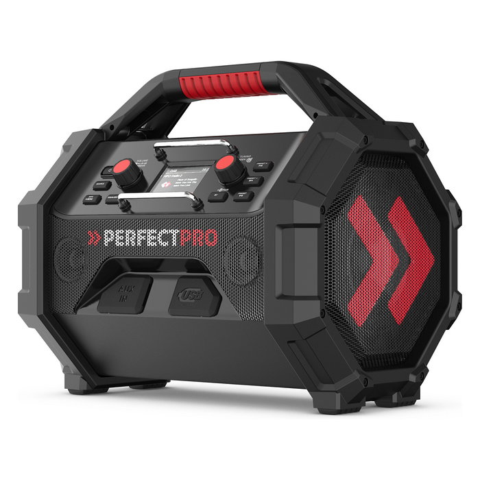 PerfectPro ROCKTAGON Radio de obra digital 30W DAB+ FM Bluetooth 5.2 IP65, 4 altavoces, compatible baterías 18V Bosch Makita DeWalt Milwaukee, USB, Negro/Rojo