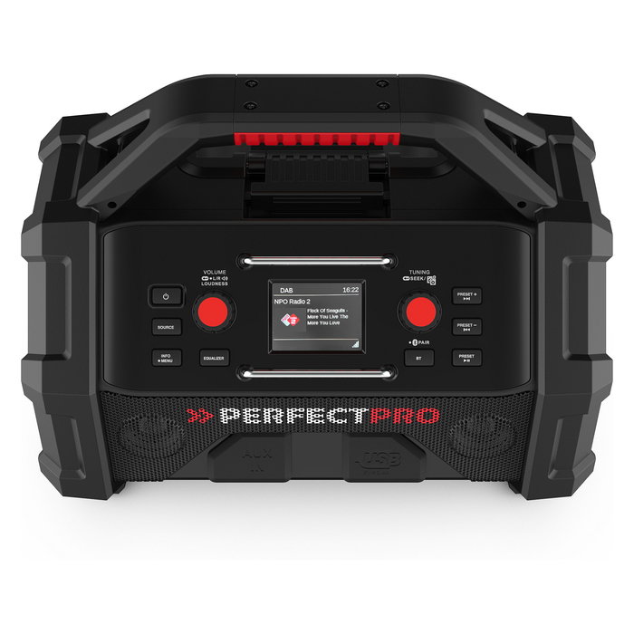PerfectPro ROCKTAGON Radio de obra digital 30W DAB+ FM Bluetooth 5.2 IP65, 4 altavoces, compatible baterías 18V Bosch Makita DeWalt Milwaukee, USB, Negro/Rojo