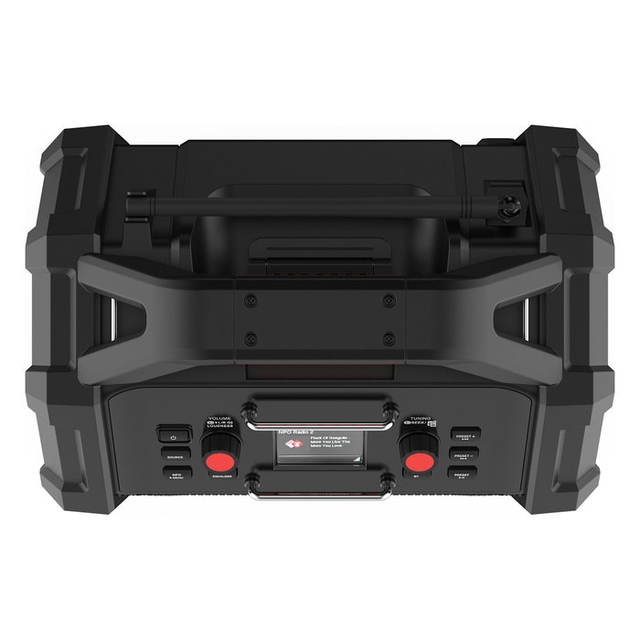 PerfectPro ROCKTAGON Radio de obra digital 30W DAB+ FM Bluetooth 5.2 IP65, 4 altavoces, compatible baterías 18V Bosch Makita DeWalt Milwaukee, USB, Negro/Rojo