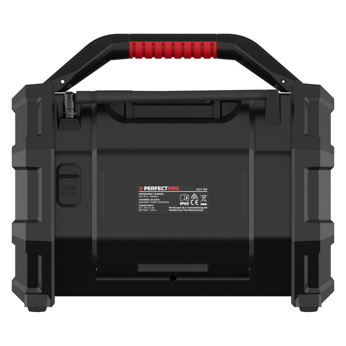 PerfectPro ROCKTAGON Radio de obra digital 30W DAB+ FM Bluetooth 5.2 IP65, 4 altavoces, compatible baterías 18V Bosch Makita DeWalt Milwaukee, USB, Negro/Rojo