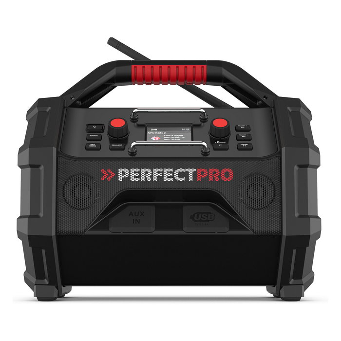 PerfectPro ROCKTAGON Radio de obra digital 30W DAB+ FM Bluetooth 5.2 IP65, 4 altavoces, compatible baterías 18V Bosch Makita DeWalt Milwaukee, USB, Negro/Rojo