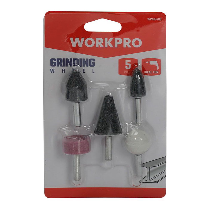 Workpro Juego de 5 Cabezales de Muela Mini para Metal y Hierro Fundido, Vástago Ø6 mm, Material Óxido de Aluminio, para Afilado Rápido