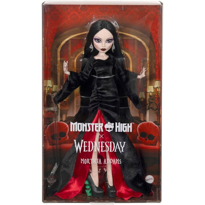 Monster High Wednesday Morticia Muñeca Colección Monster High x Miércoles JLK99 Mattel - Vestido Negro Terciopelo, Cabello Elegante