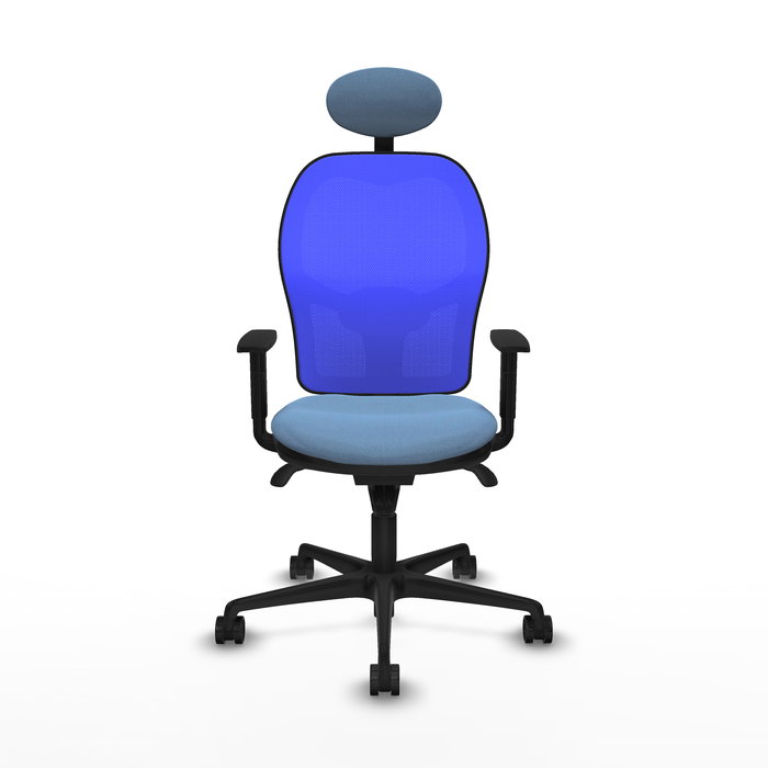 Silla de oficina Jorquera con mecanismo Sincro tapizada con Tela color Azul cielo y malla color Azul. Equipada con lumbar 1D, Brazos 1D, Cabecero Fijo y Ruedas 65mm nailon