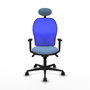 Silla de oficina Jorquera con mecanismo Sincro tapizada con Tela color Azul cielo y malla color Azul. Equipada con lumbar 1D, Brazos 1D, Cabecero Fijo y Ruedas 65mm nailon