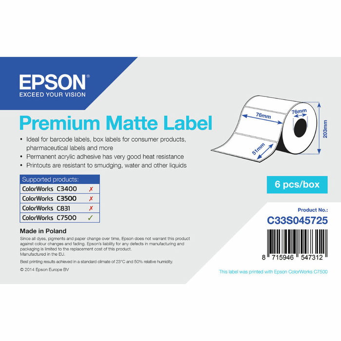 Epson Etiquetas adhesivas Premium Matte, Blanco mate, acabado mate, adhesivo permanente, 7.6x5.1 cm, 2310 unidades por paquete