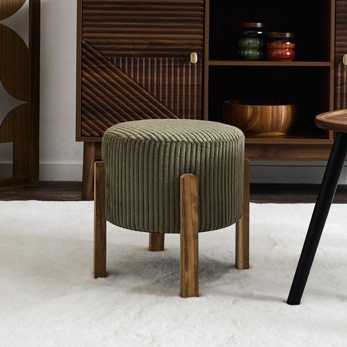 Home Deco Factory Taburete Scott con Tapizado Acanalado y Patas de Madera de Acacia, Colección Cocooning, Verde