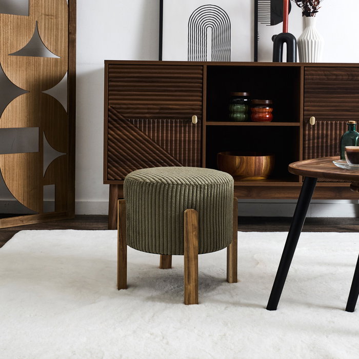 Home Deco Factory Taburete Scott con Tapizado Acanalado y Patas de Madera de Acacia, Colección Cocooning, Verde