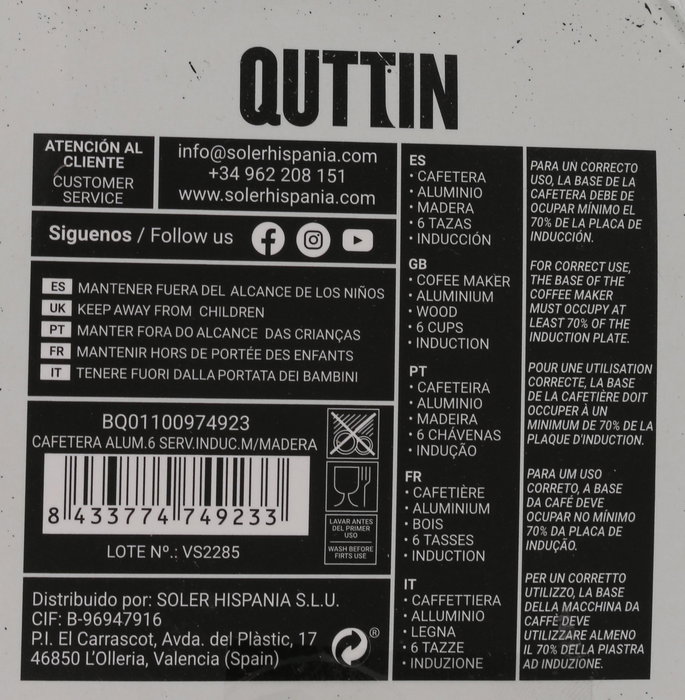 Quttin Cafetera de Aluminio para 6 Servicios con Base de Madera (6 Unidades)