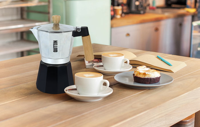 Quttin Cafetera de Aluminio para 6 Servicios con Base de Madera (6 Unidades)