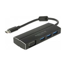 DeLOCK Adaptador USB-C a Hub USB 3.0 63932 - 3 Puertos USB-A + 1 Puerto VGA DP Alt Mode, USB 3.1 Gen 1, Plug and Play, Aluminio Negro, 0.15m