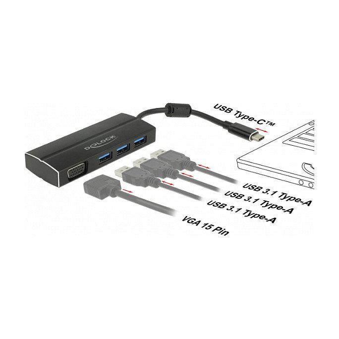DeLOCK Hub Adaptador USB-C a 3 x USB-A 3.0 + VGA DP Alt Mode 63932, Negro, Aluminio, Plug and Play, 0.15 m