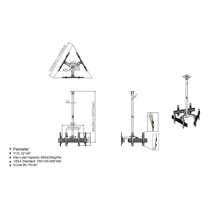 Equip Soporte de Techo Profesional para 3 Pantallas TV 32-65 Pulgadas Inclinable, Gestión de Cables, Peso Máx. 30kg por Soporte Equip Soporte de Techo Profesional para 3 Pantallas TV 32-65 Pulgadas Inclinable, Gestión de Cables, Peso Máx. 30kg por Soporte