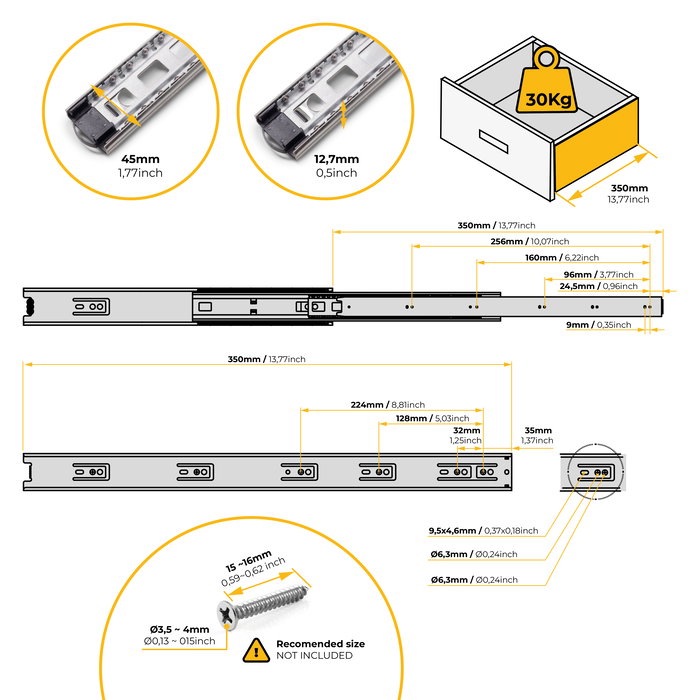 Emuca Juego de guías de bolas para cajones con extracción total, altura 45mm, longitud 350mm, Acero, Cincado