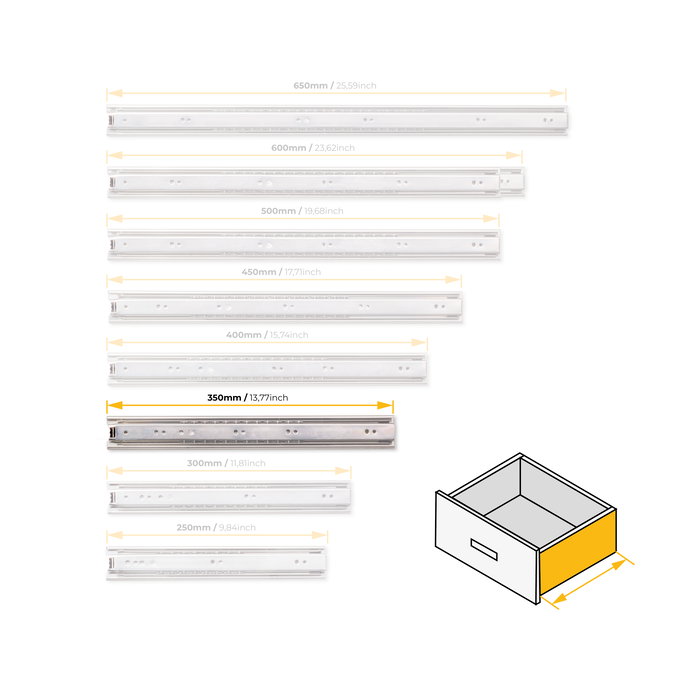 Emuca Juego de guías de bolas para cajones con extracción total, altura 45mm, longitud 350mm, Acero, Cincado
