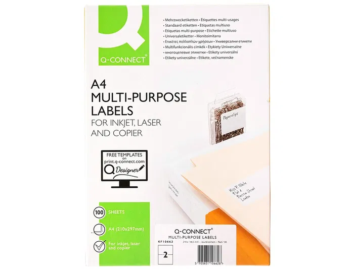 Q-connect KF10662 Etiqueta Adhesiva Tamaño 210x148,5 mm DIN A4 Caja con 100 Hojas para Fotocopiadora, Láser e Ink-jet