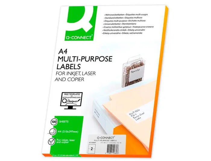 Q-connect KF10662 Etiqueta Adhesiva Tamaño 210x148,5 mm DIN A4 Caja con 100 Hojas para Fotocopiadora, Láser e Ink-jet