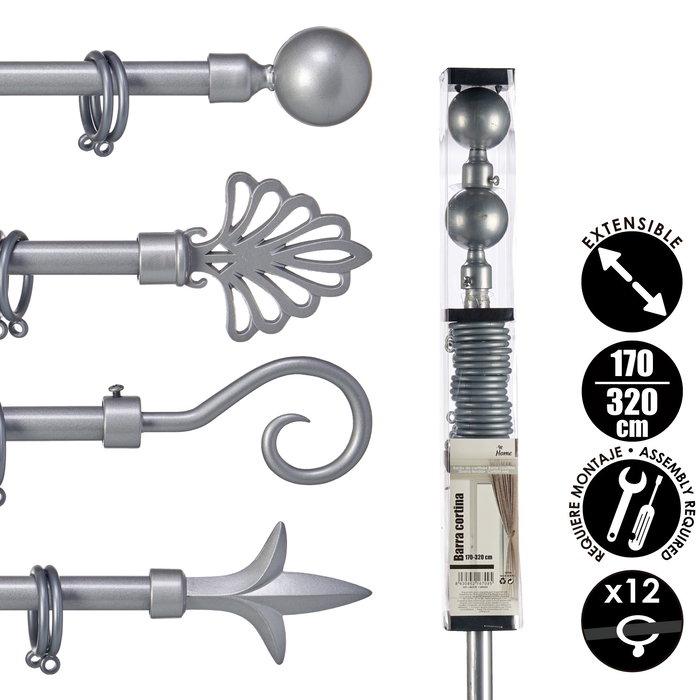Giftdecor Barra Cortina Plata Metal Hierro 170-320 cm (Set de 8)