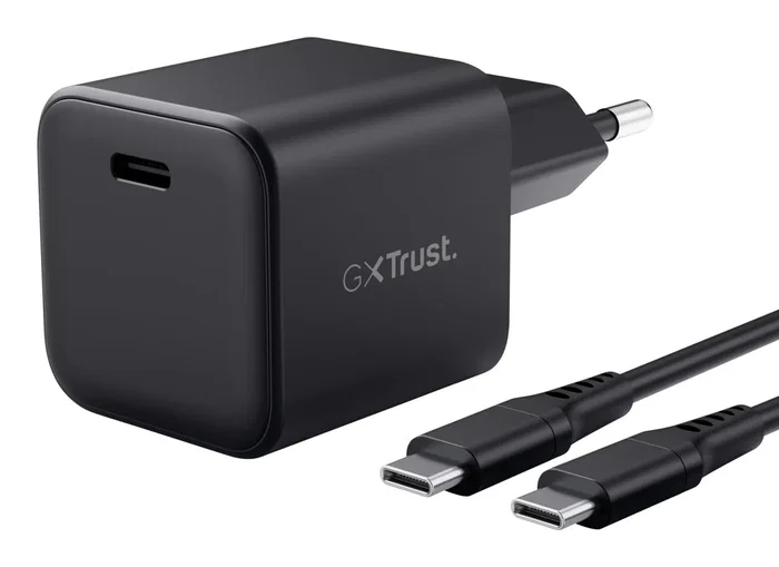 Trust GXT 1258 Cargador de Pared GaN 65W con USB-C PD 3.0 para Nintendo Switch y Dispositivos Móviles (Cable Incluido, Negro)