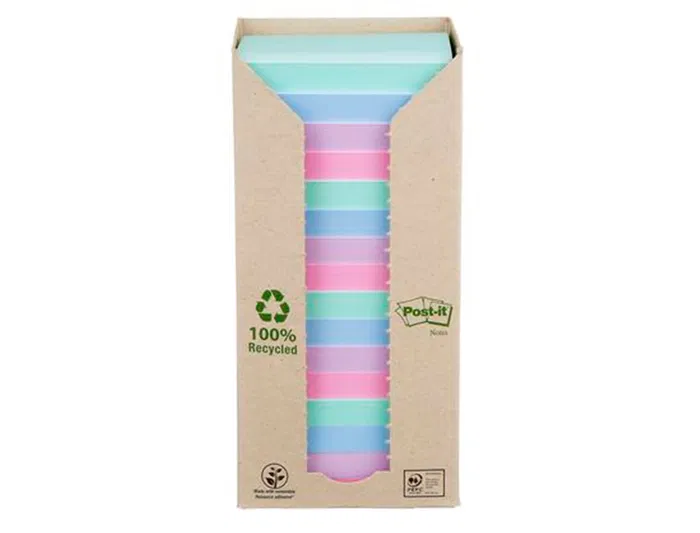 Post-it Bloc de notas adhesivas 76x76 mm 100% reciclada PEFC, pack 16 unidades, colores surtidos