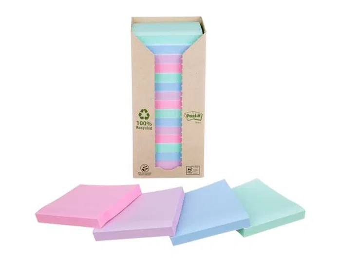 Post-it Bloc de notas adhesivas 76x76 mm 100% reciclada PEFC, pack 16 unidades, colores surtidos