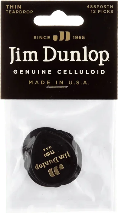 Dunlop Púas Guitarra Genuine Celluloid Teardrop Negro Thin Pack 12 Ud