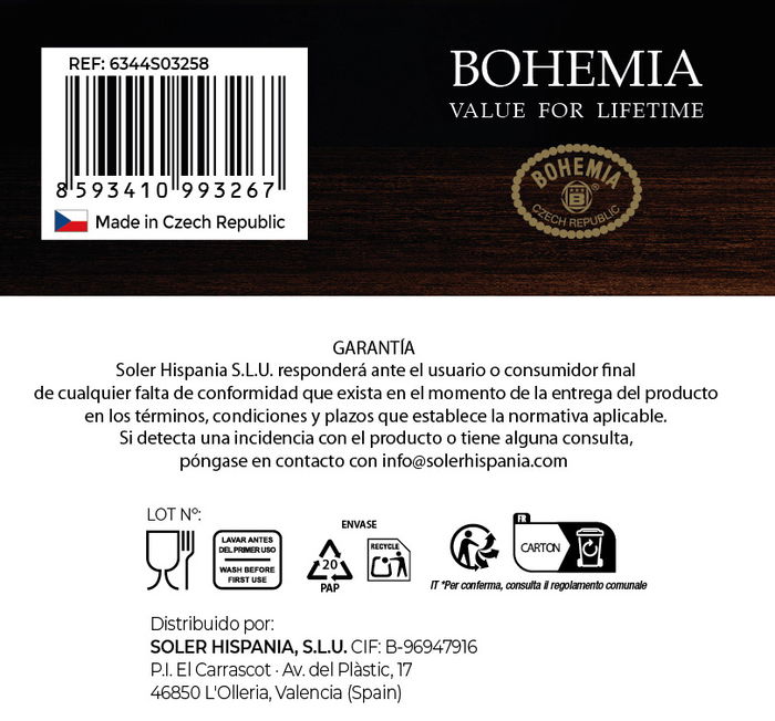 Bohemia Set 6 Copas de Vino Clara 580 cc, 7 cm x 9 cm x 23.5 cm (4 Cajas)