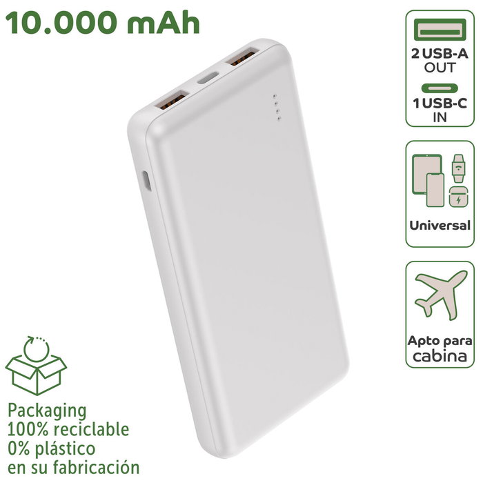 myway power bank 10.000 mAh USB 2 puertos 2A + cable tipo C blanca