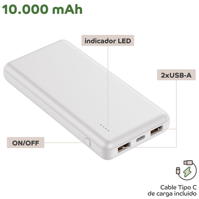 myway power bank 10.000 mAh USB 2 puertos 2A + cable tipo C blanca