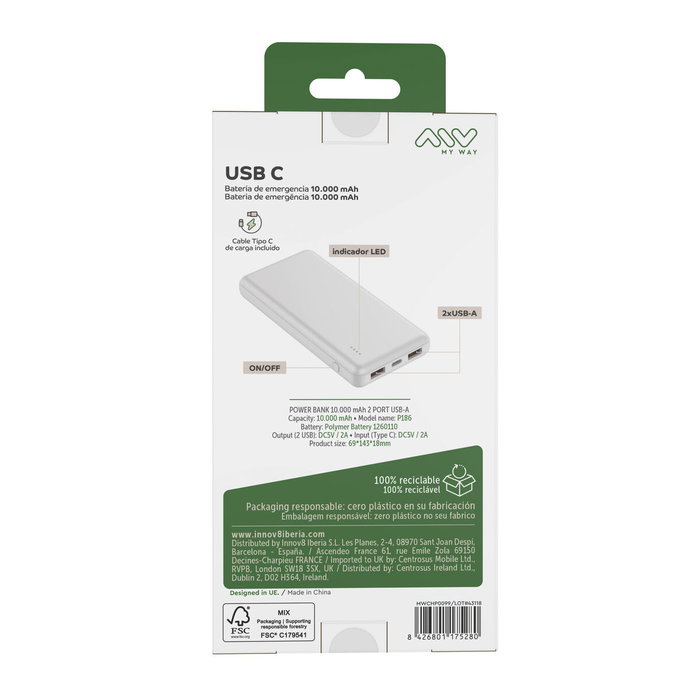 myway power bank 10.000 mAh USB 2 puertos 2A + cable tipo C blanca