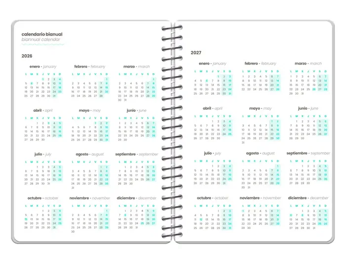 Liderpapel Agenda Escolar Fantasy 2026-2027, Semana Vista A6+, Espiral, Interior Bilingüe, con Gomilla, Papel FSC 80g, Color Noodles