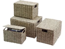DKD Home Decor Set de 4 Cestas de Seagrass y Metal Natural 44x32x26 cm