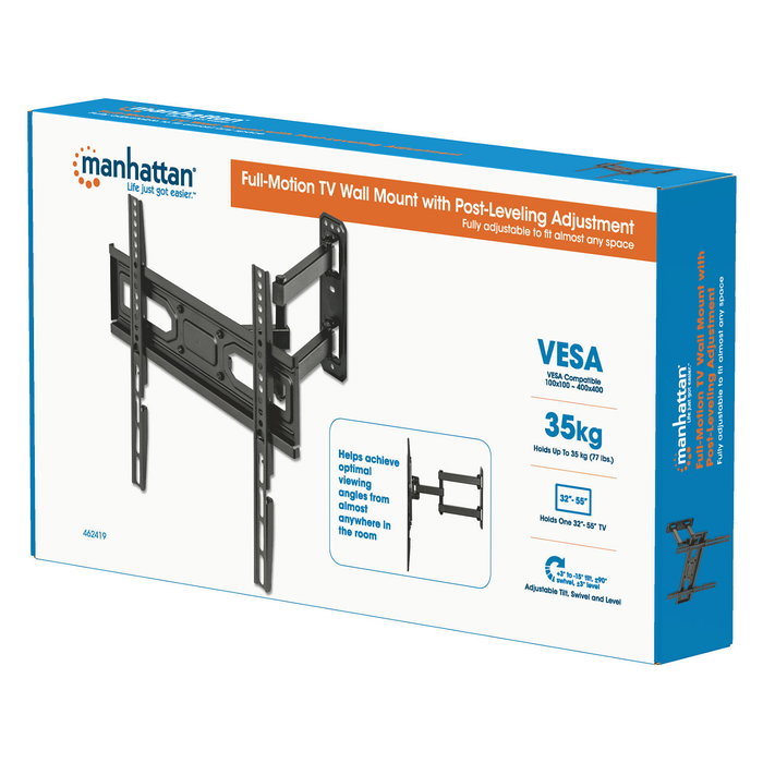 MANHATTAN TV-Wandhalterung FullMotion Articulada para Pared, Pantallas de 32"-55" (81-140 cm), Soporte VESA 100x100-400x400 mm, Carga Máx. 35 kg, Negro