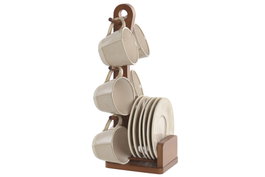 DKD Home Decor Set de Café Liangfeng 26 de Gres y Acacia Beige