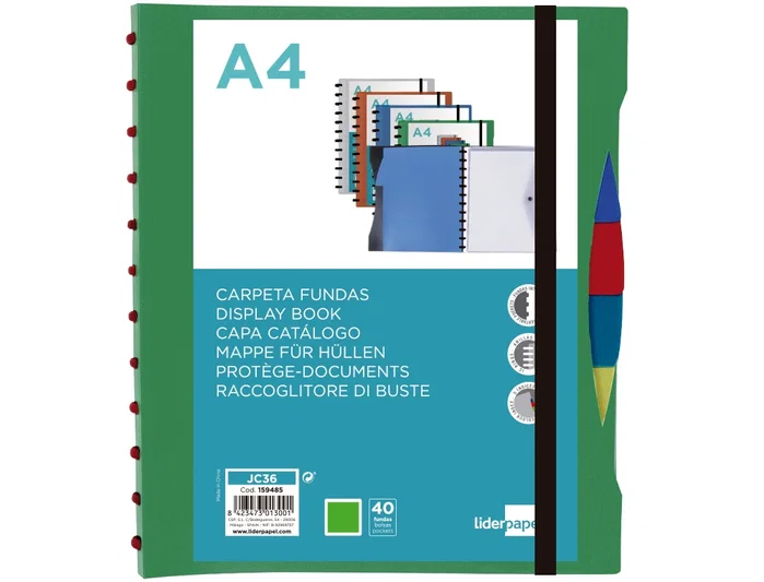Liderpapel Carpeta A4 Verde con 40 Fundas Intercambiables y 5 Separadores