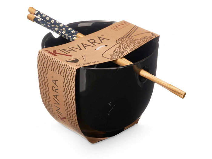 Kinvara Bowl de Gres Asiático Negro con Palillos de Bambú, 24 x 13.3 x 10.7 cm (Set de 12)