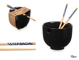 Kinvara Bowl de Gres Asiático Negro con Palillos de Bambú, 24 x 13.3 x 10.7 cm (Set de 12)
