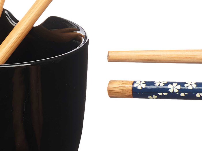 Kinvara Bowl de Gres Asiático Negro con Palillos de Bambú, 24 x 13.3 x 10.7 cm (Set de 12)