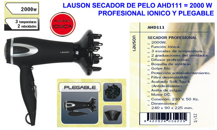 Baja Lauson Secador de Pelo AHD111 2000 W Profesional Iónico Baja Lauson Secador de Pelo AHD111 2000 W Profesional Iónico