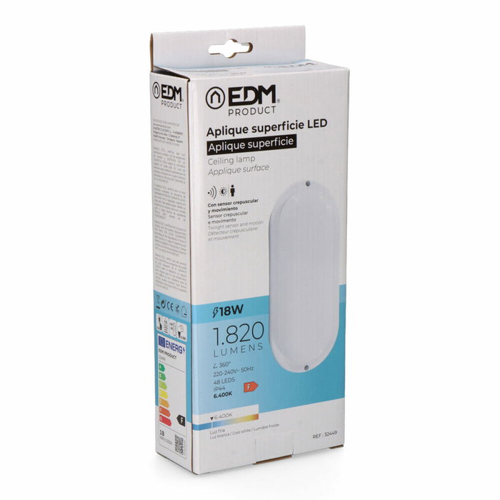 Edm Aplique LED Oval con Sensor Crepuscular y de Movimiento Blanco