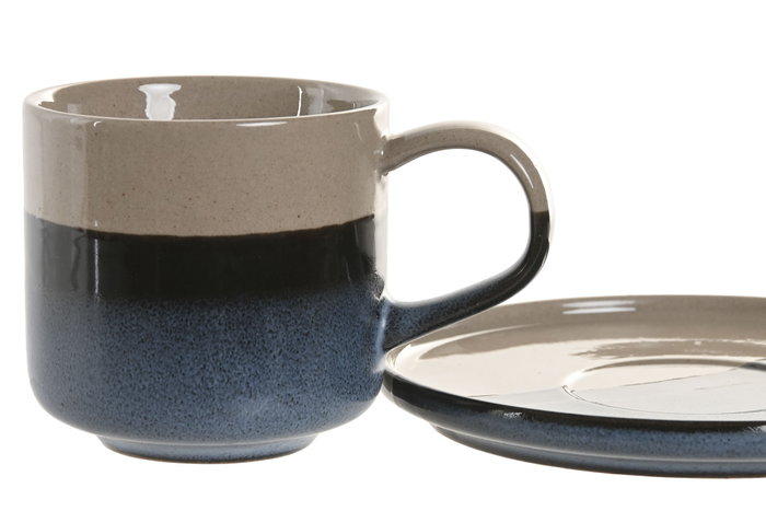 DKD Home Decor Conjunto de Taza y Platillo LOVING 25 Azul y Gris, 6 Unidades