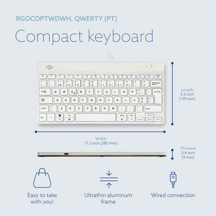 R-Go Tools Teclado Ergonómico R-Go Compact Break, Teclado Compacto con Software Break, QWERTY (PT), Cableado, Blanco