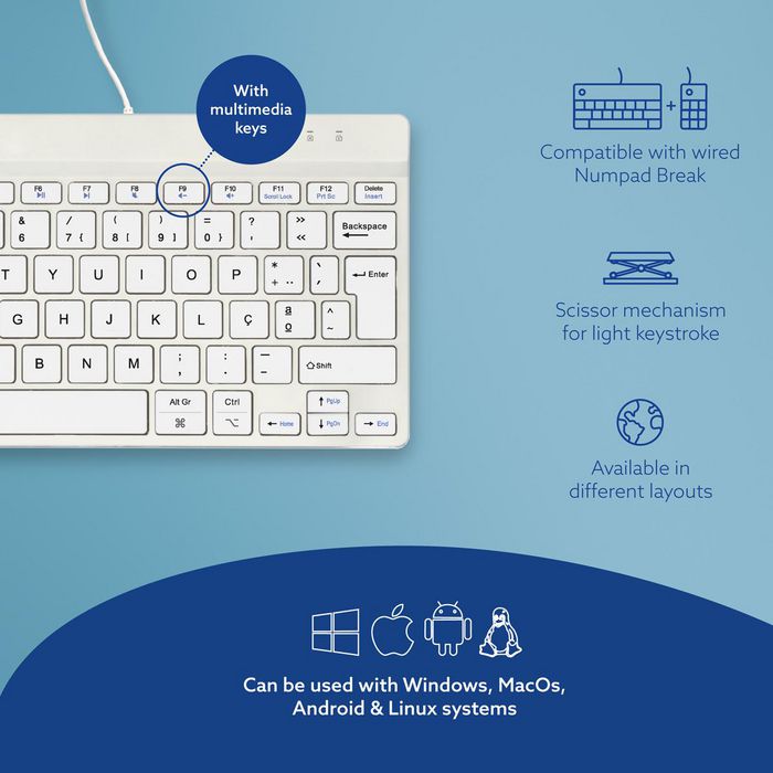 R-Go Tools Teclado Ergonómico R-Go Compact Break, Teclado Compacto con Software Break, QWERTY (PT), Cableado, Blanco