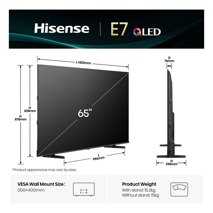 Hisense 65E77Q - Smart TV 65" (164 cm) 4K Ultra HD QLED con VIDAA OS, WiFi, Bluetooth, HDR10+, HDMI 2.1, Dolby Atmos, Negro