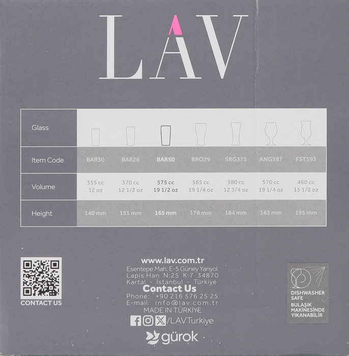 LAV Set 6 Vasos de Cerveza 575 cc con Dimensiones 7,5 cm Ancho x 16,5 cm Alto x 7,5 cm Largo (4 Cajas)