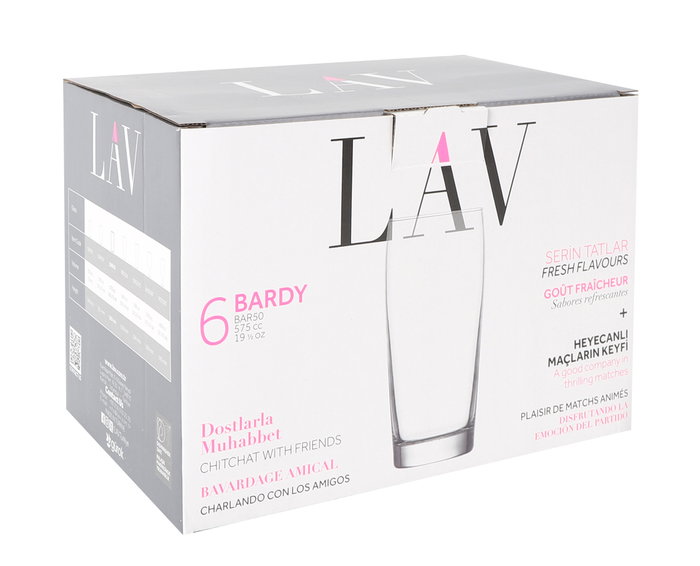 LAV Set 6 Vasos de Cerveza 575 cc con Dimensiones 7,5 cm Ancho x 16,5 cm Alto x 7,5 cm Largo (4 Cajas)