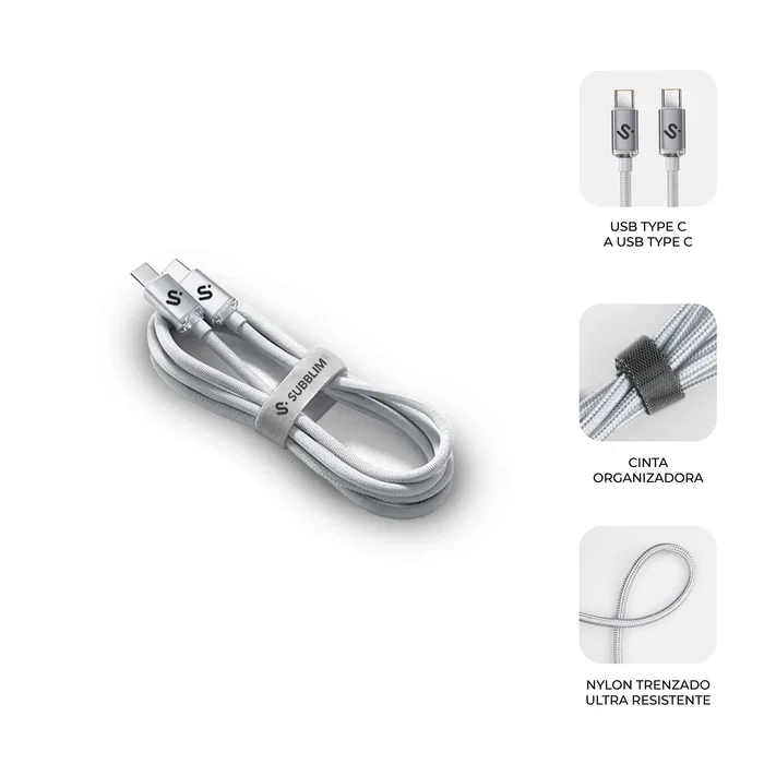 Subblim SUBCAB-C06010 Cable USB-C a USB-C 1m Blanco, Nylon Trenzado, 60W Carga Rápida PD, 480Mbps Datos para iPhone, MacBook, Galaxy, iPad, Pixel