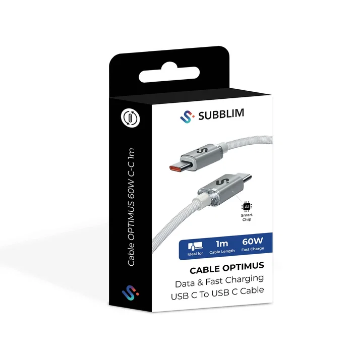 Subblim SUBCAB-C06010 Cable USB-C a USB-C 1m Blanco, Nylon Trenzado, 60W Carga Rápida PD, 480Mbps Datos para iPhone, MacBook, Galaxy, iPad, Pixel